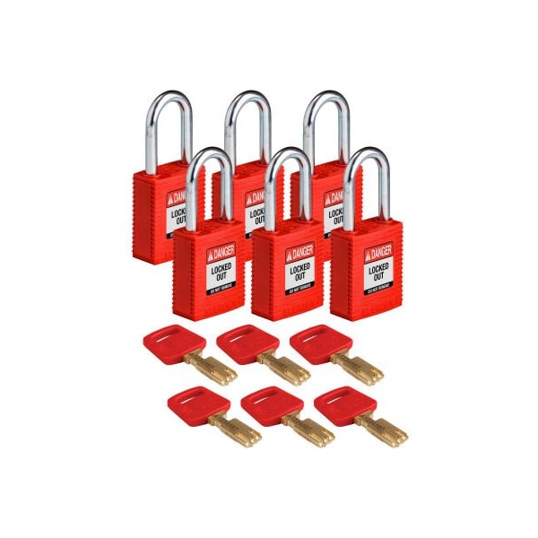 Brady Brady NYL-RED-38ST-KD6PK Brady SafeKey Lockout Padlock Nylon 1.5" Steel Shackle Key Different NYL-RED-38ST-KD6PK - main
